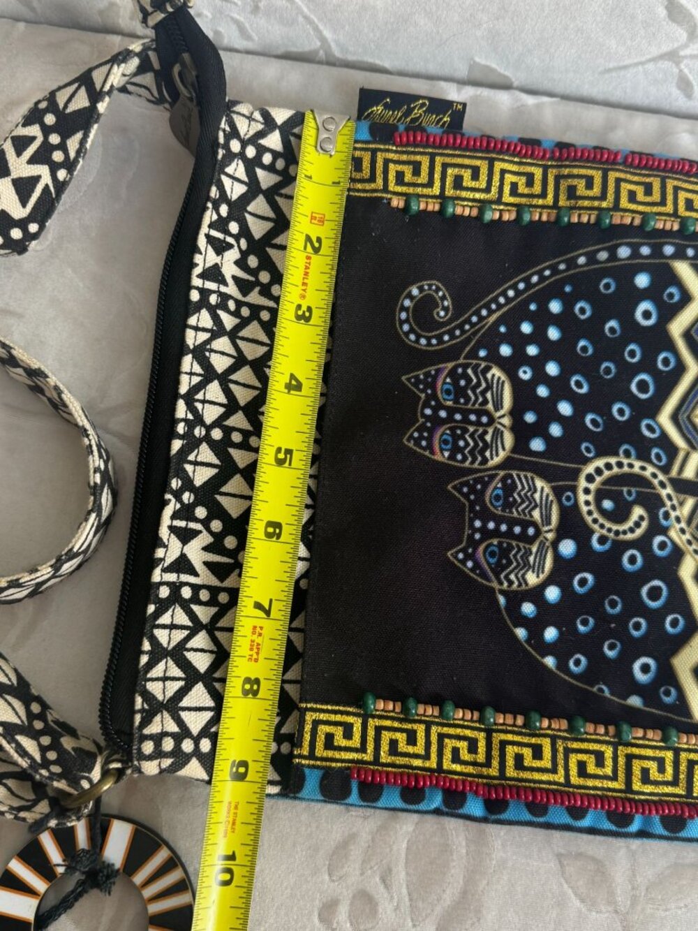 Laurel Burch Cat Print Crossbody Bag Bohemian Geometric Strap & Beaded details - Picture 10 of 13